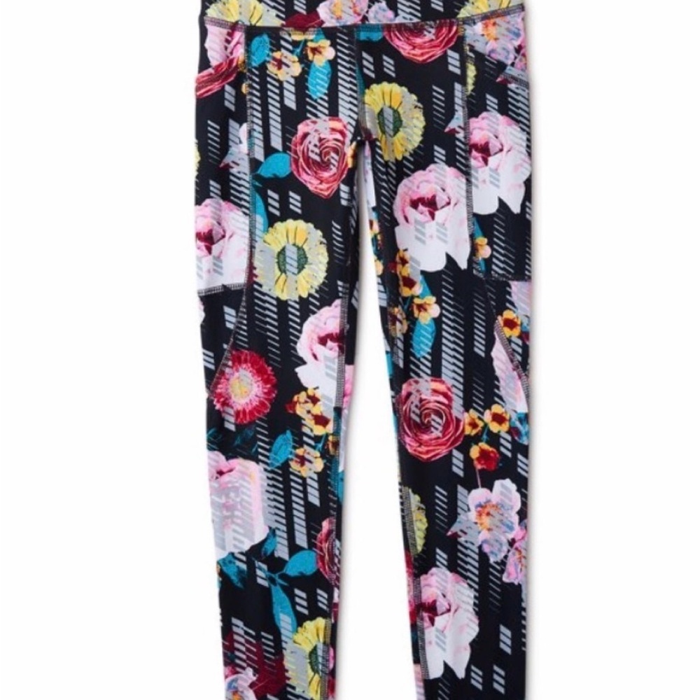 NWT Athletic Works Girl’s or Women Black Floral Leggings W/Pockets sz XXL -18